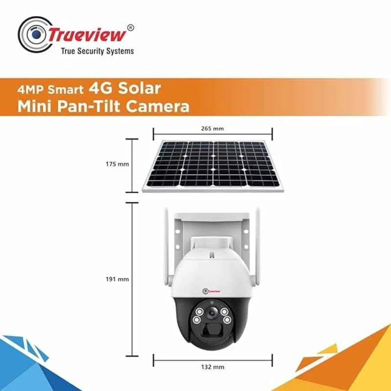 Trueview 4G Sim 4Mp PTZ Solar Sim CCTV Camera with Solar Panel, Surveillance for Agriculture, Remote Area & Construction Site