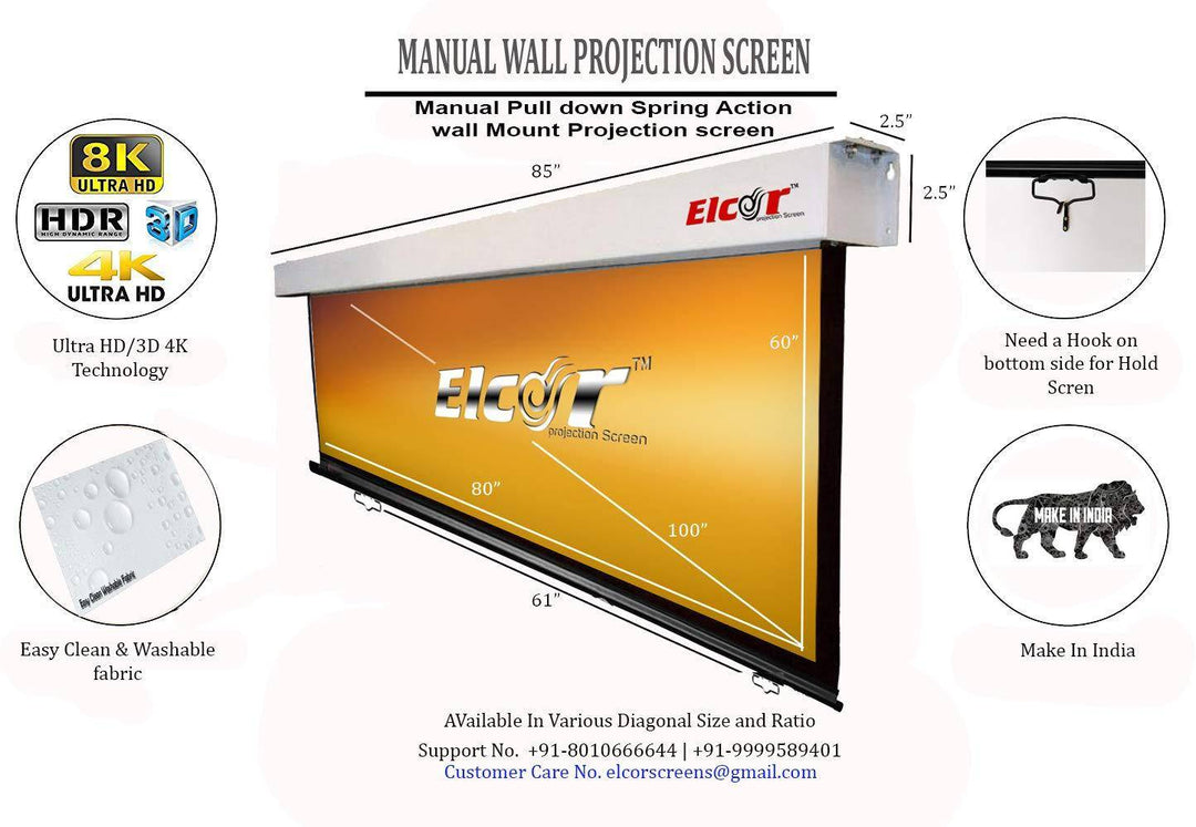 Elcor Manual Wall Spring Action 4k Full Hd Projector Screen