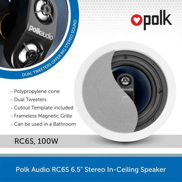Polk Audio Rc6s Ceiling Stereo Speaker Perfect Match For Indoor/outdoor Placement Bath, Kitchen,covered Porches(each) Polk Audio